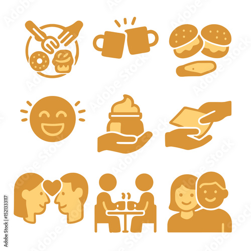 Sweet Moments Icons. Flat icon set of enjoying sweet treats with loved ones: shared plate, clinking cups,