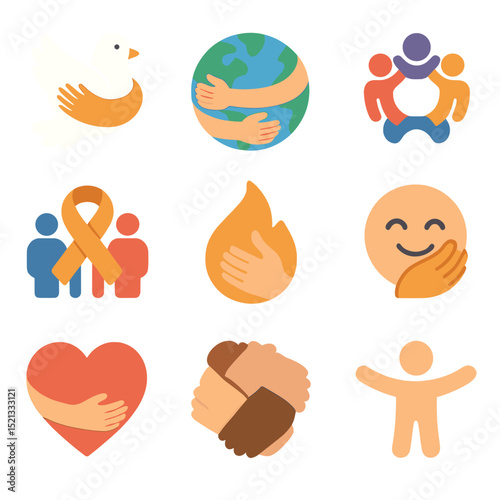 Symbolic Unity Icons. Flat icon set of symbolic hugs and unity: peace dove and arms, globe hug, unity circle,