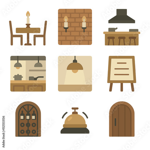 Tasting Room Icons. Flat icon set of tasting room interiors: candle-lit table, exposed brick wall, chef’s