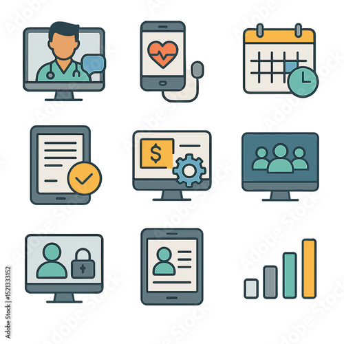 Telehealth Icon Set. Flat icon set of telehealth business operations: video consult icon, remote care device,