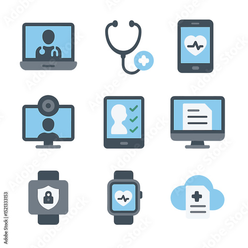 Telehealth Icon Set. Flat icon set of telehealth screenings: video consult icon, virtual stethoscope, mobile