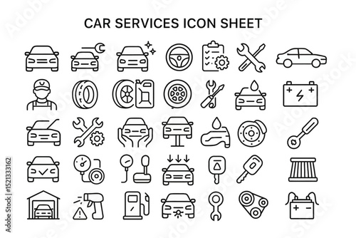 Automotive Services: Set of vector line-art icons illustrating various aspects of vehicle maintenance.