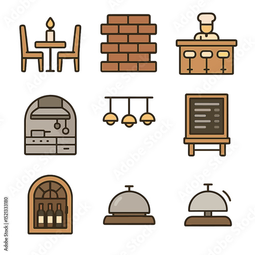 Tasting Room Icons. Flat icon set of tasting room interiors: candle-lit table, exposed brick wall, chef’s
