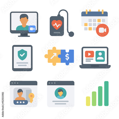 Telehealth Icon Set. Flat icon set of telehealth business operations: video consult icon, remote care device,