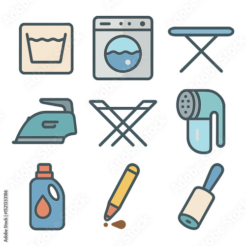 Textile Care Icons. Flat icon set of textile care and maintenance: laundry symbol tag, washing machine,
