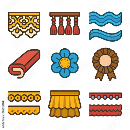 Textile Embellishments Icons. Flat icon set of textile embellishments and trims: lace border, tassel fringe,