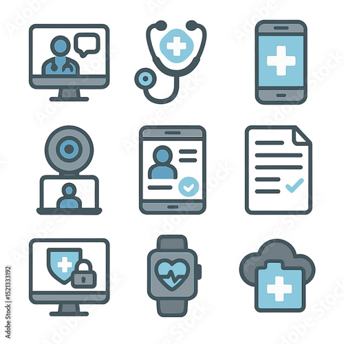 Telehealth Icon Set. Flat icon set of telehealth screenings: video consult icon, virtual stethoscope, mobile
