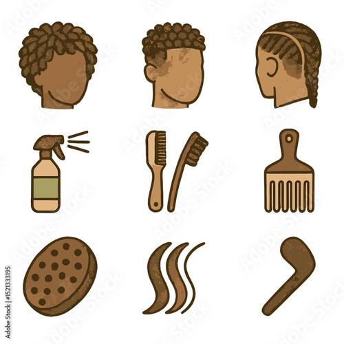 Textured Hair Icon Set. Flat icon set of textured hair styling after cut: twist out definition, combed coils,