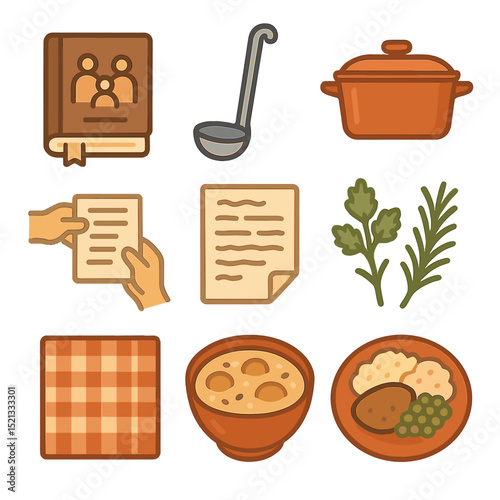 Traditional Dish Icons. Flat icon set of preparing traditional family dishes: family cookbook, soup ladle,