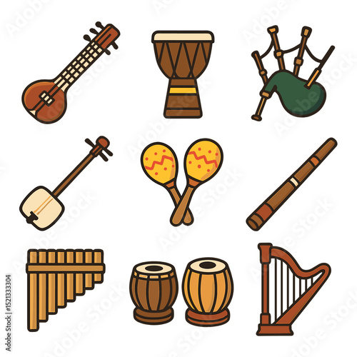 Traditional Music Icons. Flat icon set of traditional music and instruments: sitar, djembe, bagpipes, shamisen