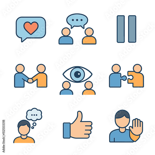 Trauma-Informed Communication Icons. Flat icon set of trauma-informed communication: speech bubble with heart,