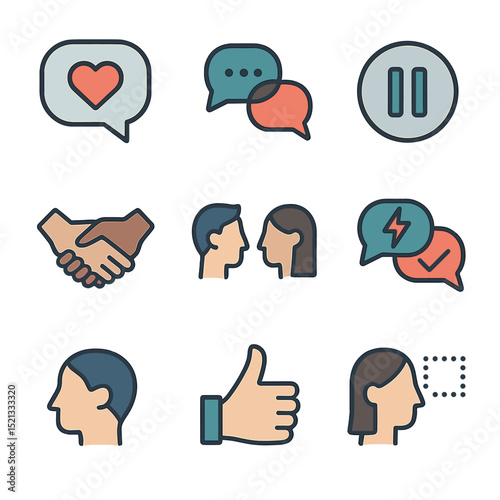 Trauma-Informed Communication Icons. Flat icon set of trauma-informed communication: speech bubble with heart,