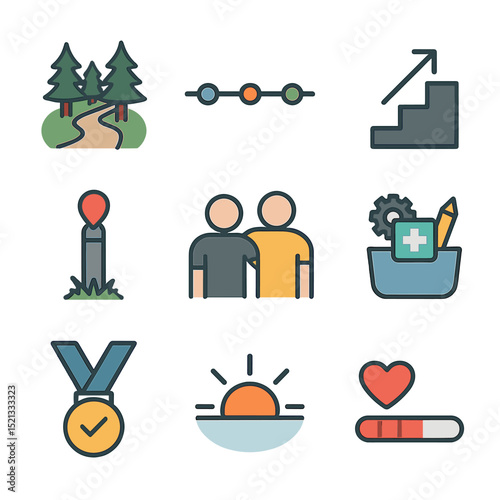 Trauma Recovery Icons. Flat icon set of trauma recovery journey: path through woods, timeline of healing,