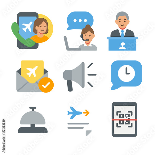 Travel Delay Icons. Flat icon set of communicating travel delays: phone call to family, chat with airline