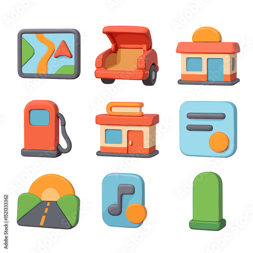 3D Travel Movie Icons. 3D icon set of road trip discovery: GPS screen, car trunk, highway sign, roadside