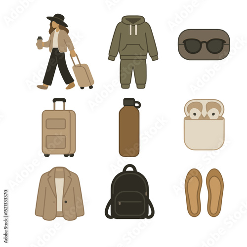 Travel Icons Grid. Flat icon set of on-the-go influencer looks: airport outfit, comfy tracksuit, sunglasses