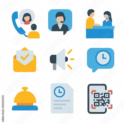 Travel Delay Icons. Flat icon set of communicating travel delays: phone call to family, chat with airline