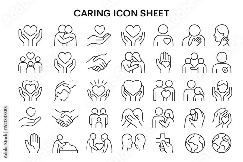 Caring Icons Collection: A curated collection of line icons representing various aspects of care, support, and human connection, suitable for conveying empathy and compassion.