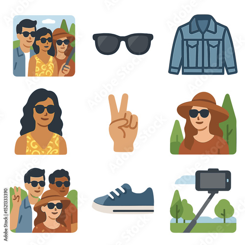 Trendy Friends Icons. Flat icon set of a group of friends in trendy outfits posing for a photo at an outdoor