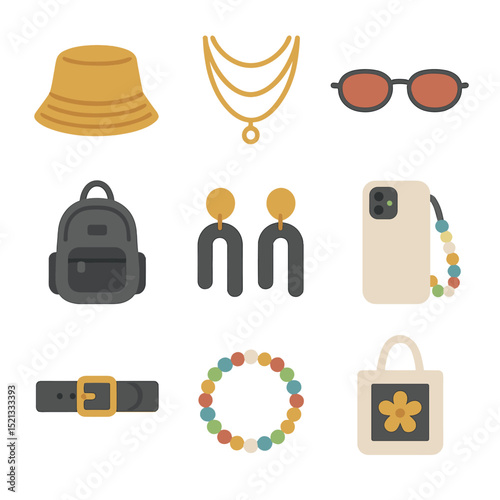 Trendy Accessories Icons. Flat icon set of trendy accessories at events: bucket hat, layered necklaces, tinted