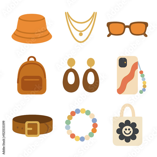 Trendy Accessories Icons. Flat icon set of trendy accessories at events: bucket hat, layered necklaces, tinted