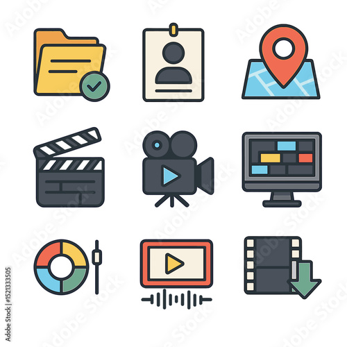 TV Production Icons. Flat icon set of TV show production stages: pre-production folder, casting call, location