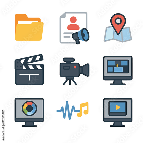 TV Production Icons. Flat icon set of TV show production stages: pre-production folder, casting call, location