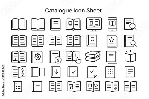 Catalogue Icon Sheet: A comprehensive collection of minimalist book icons, perfect for representing various aspects of literature, learning, and knowledge in a clean and organized manner.