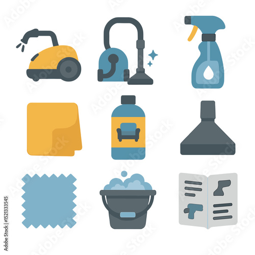 Upholstery Cleaning Icons. Flat icon set of upholstery cleaning tools: steam cleaner, vacuum with upholstery