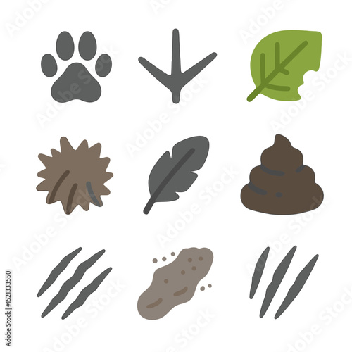 Urban Animal Track Icons. Flat icon set of animal tracks and signs in cities: paw print, bird footprint,