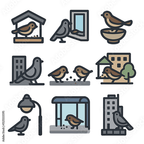 Urban Bird Feeding Icons. Flat icon set of feeding birds in urban settings: rooftop feeder, window-mounted