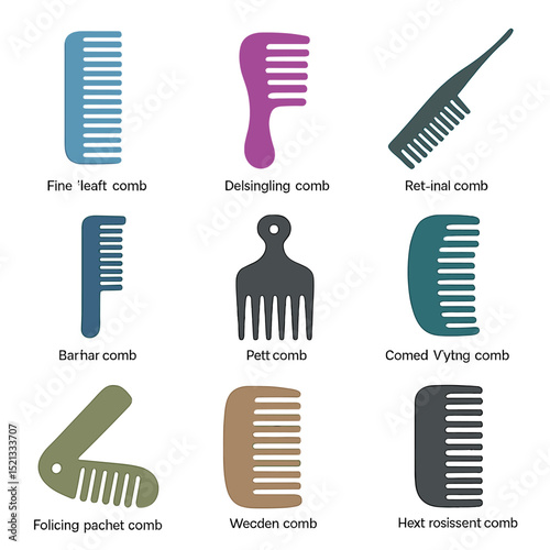 Variety of Combs. Flat icon set of comb types for styling: fine-tooth comb, detangling comb, rat-tail comb,