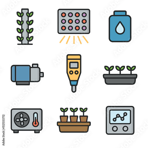 Vertical Farming Icons. Flat icon set of vertical farming equipment: hydroponic tower, LED grow panel,