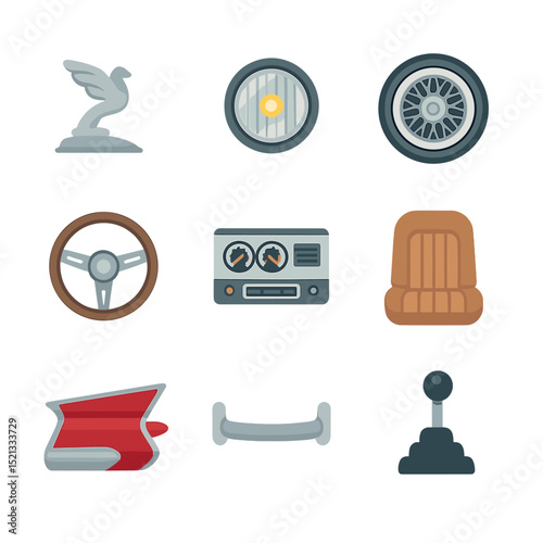 Vintage Car Icons. Flat icon set of vintage car details: hood ornament, round headlight, wire-spoke wheel,
