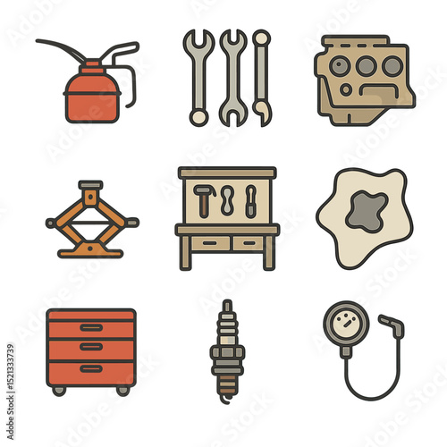 Vintage Garage Icons. Flat icon set of vintage garage workshop: oil can, wrench set, engine block, lift jack,