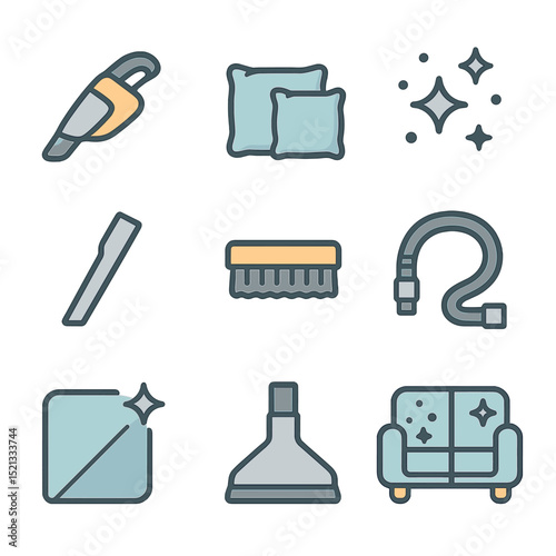 Vacuuming Icons Grid. Flat icon set of vacuuming sofa: handheld vacuum, sofa cushions, dust particles, crevice