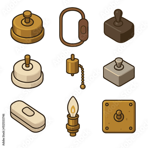 Vintage Lamp Switch Icons. Flat icon set of vintage lamp switches: brass rotary switch, fabric cord with