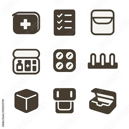 Vehicle Emergency Kit Icons. Flat icon set of organized vehicle emergency kit: zipped first aid pouch,