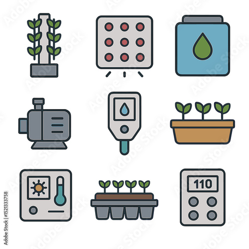 Vertical Farming Icons. Flat icon set of vertical farming equipment: hydroponic tower, LED grow panel,