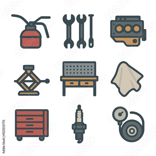 Vintage Garage Icons. Flat icon set of vintage garage workshop: oil can, wrench set, engine block, lift jack,