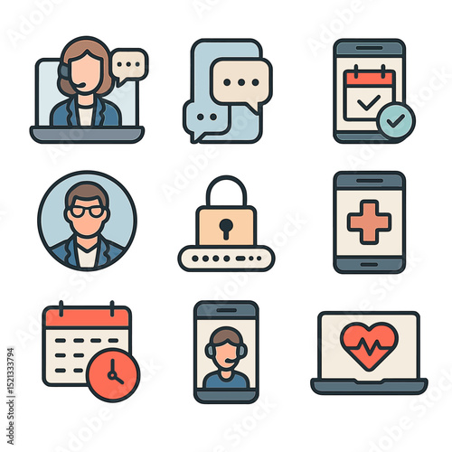 Virtual Counseling Icons. Flat icon set of virtual counseling options: video call therapy, chat counseling,