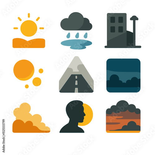 Vintage Ride Icons. Flat icon set of photography moods for vintage rides: golden hour sun, rain puddle