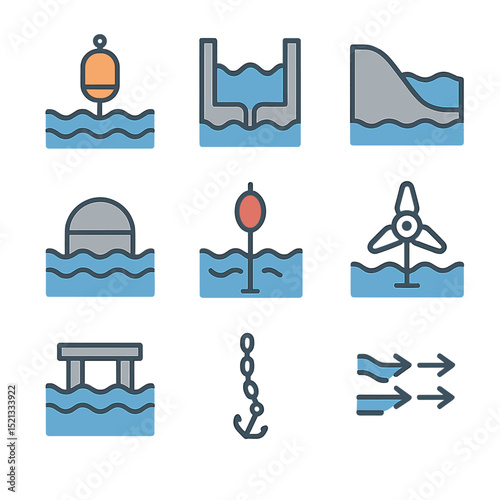 Wave Energy Icons. Flat icon set of wave energy converters: point absorber buoy, oscillating water column,