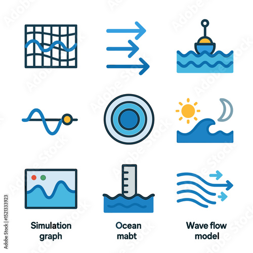 Wave Dynamics Icons. Flat icon set of wave dynamics and simulation: wave pattern grid, motion arrows, buoy