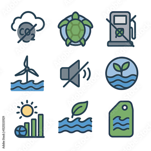 Wave Energy Icons. Flat icon set of environmental benefits of wave energy: reduced emissions symbol, marine