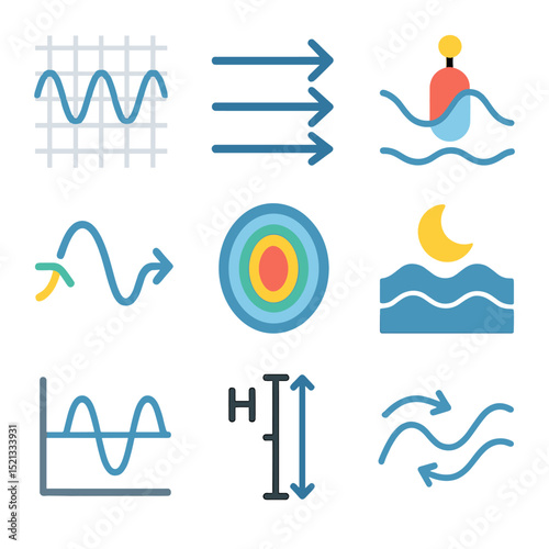 Wave Dynamics Icons. Flat icon set of wave dynamics and simulation: wave pattern grid, motion arrows, buoy