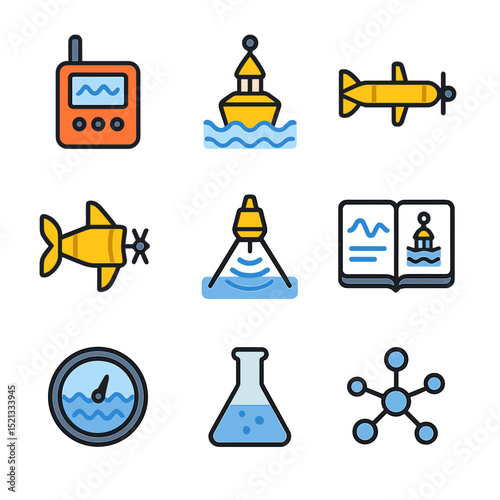 Wave Energy Research Icons. Flat icon set of wave energy research tools: data logger, wave sensor, marine