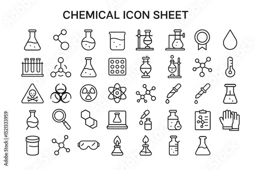 Chemical Icon Sheet: A comprehensive collection of meticulously crafted chemistry-related icons, ideal for educational or scientific design projects.