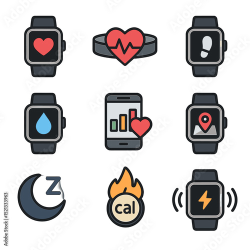 Wearable Fitness Tech Icons. Flat icon set of wearable fitness tech: smart watch, heart rate monitor, step