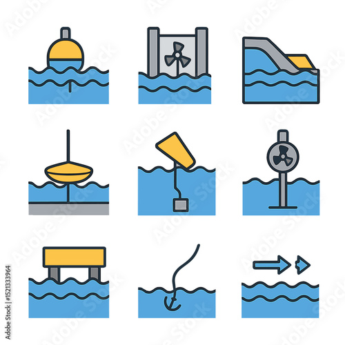 Wave Energy Icons. Flat icon set of wave energy converters: point absorber buoy, oscillating water column,